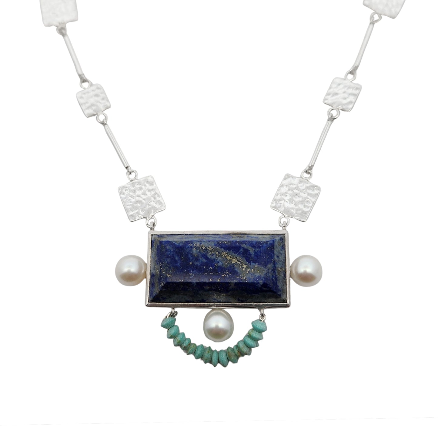Hammered Square Links Lapis Lazuli, Pearl & Turquoise Necklace