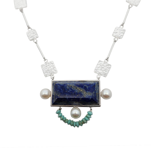 Hammered Square Links Lapis Lazuli, Pearl & Turquoise Necklace