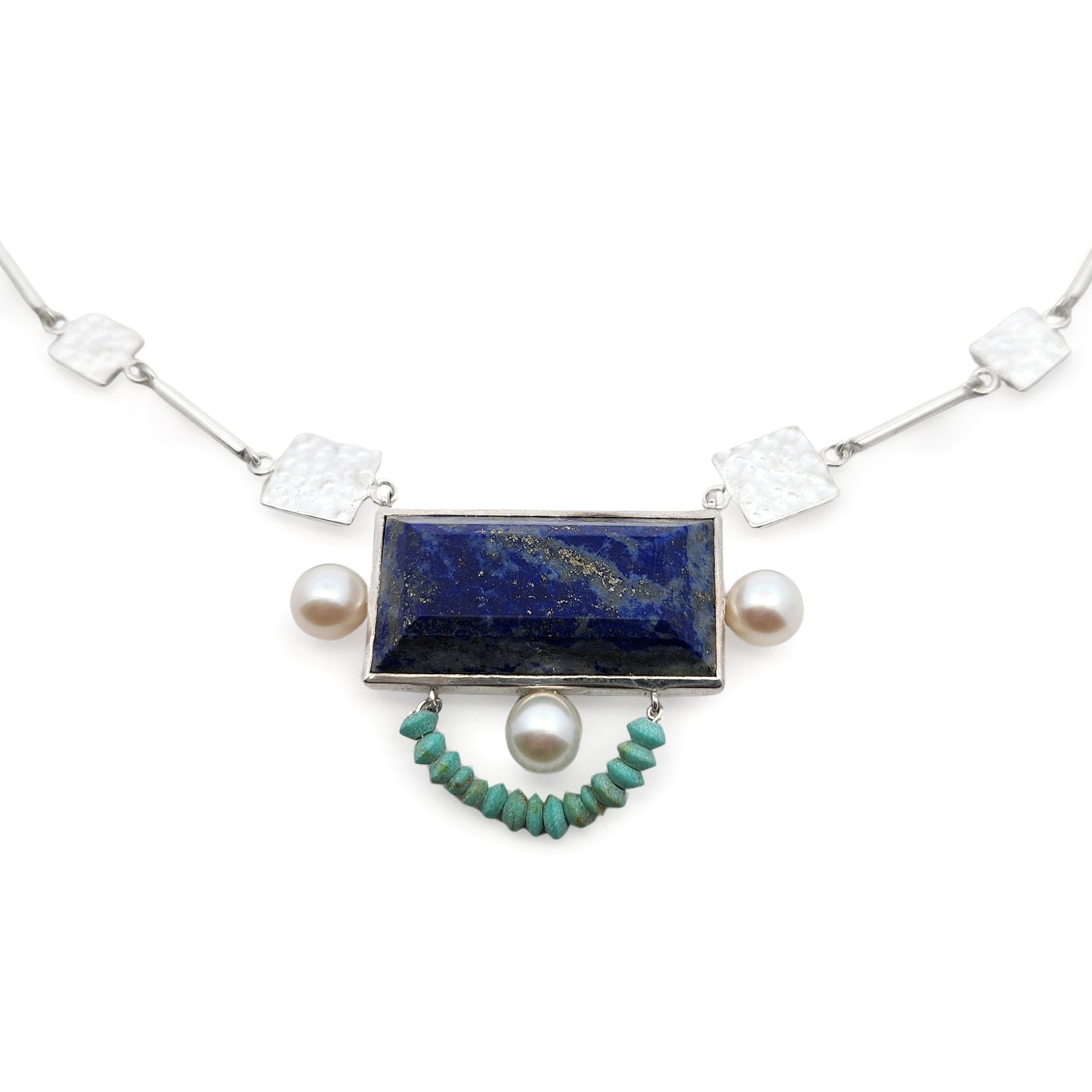 Hammered Square Links Lapis Lazuli, Pearl & Turquoise Necklace