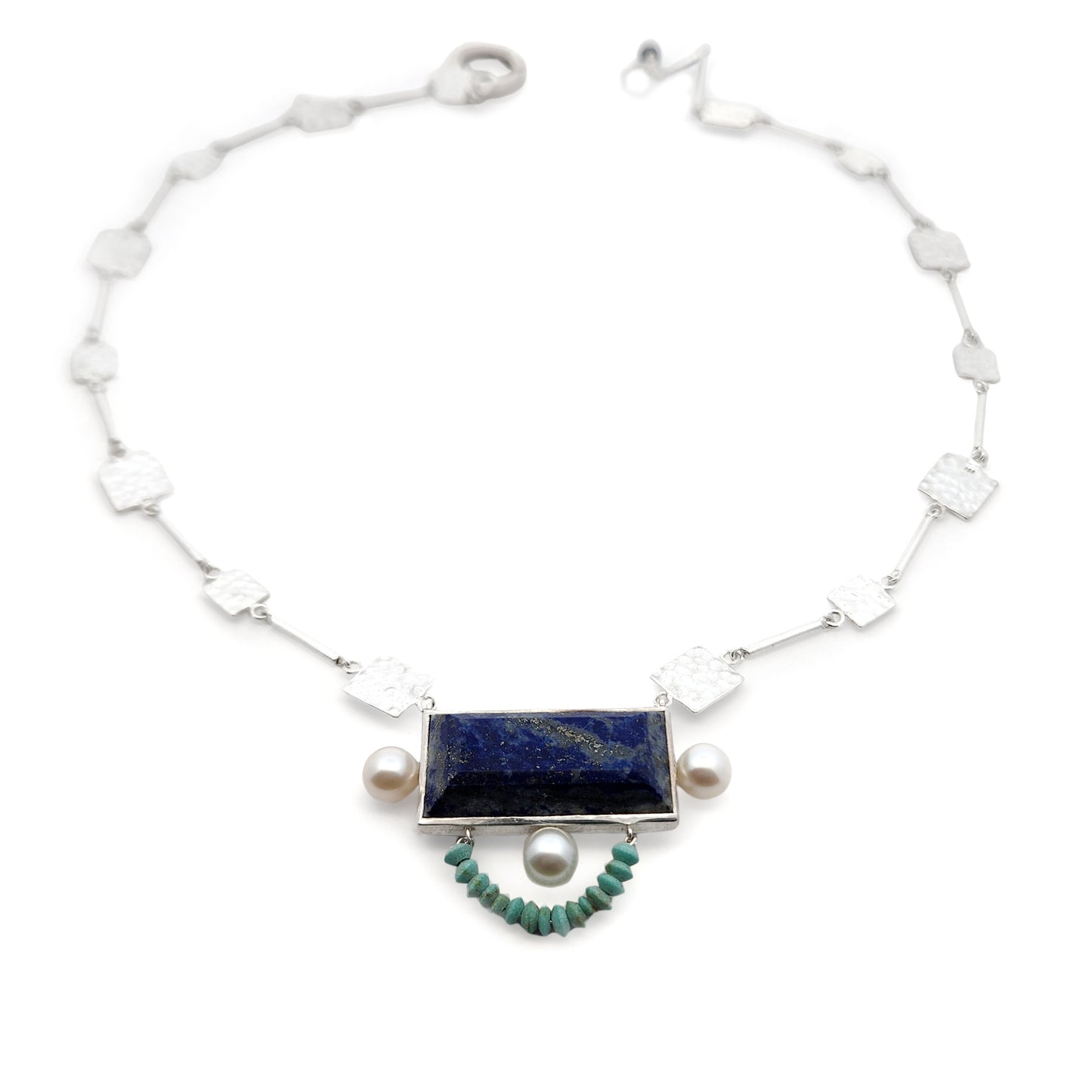 Hammered Square Links Lapis Lazuli, Pearl & Turquoise Necklace