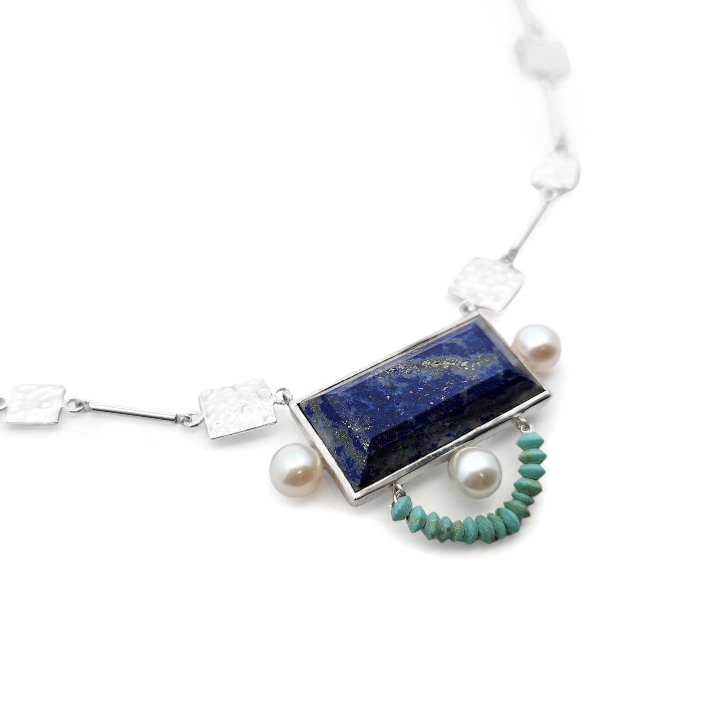 Hammered Square Links Lapis Lazuli, Pearl & Turquoise Necklace
