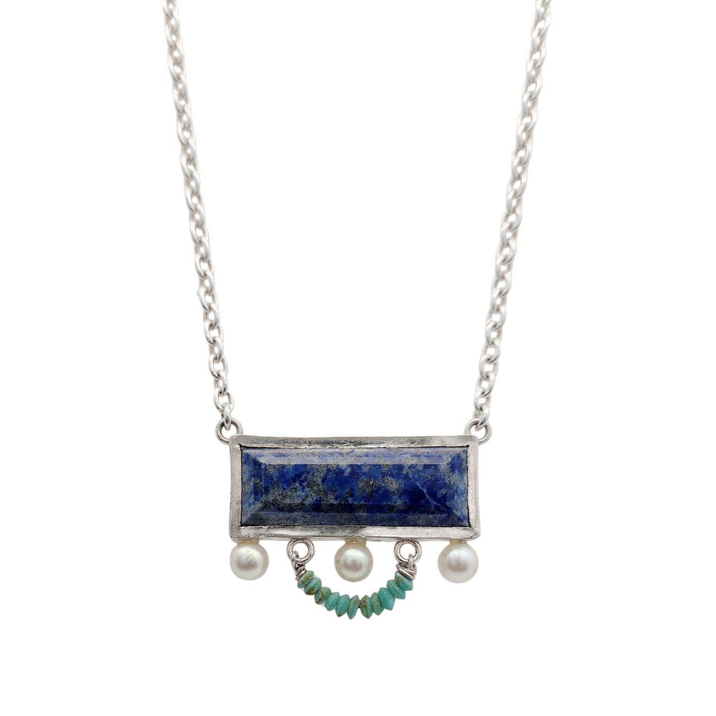 Long Rectangle Lapis Lazuli, 3 Pearl & Turquoise Necklace