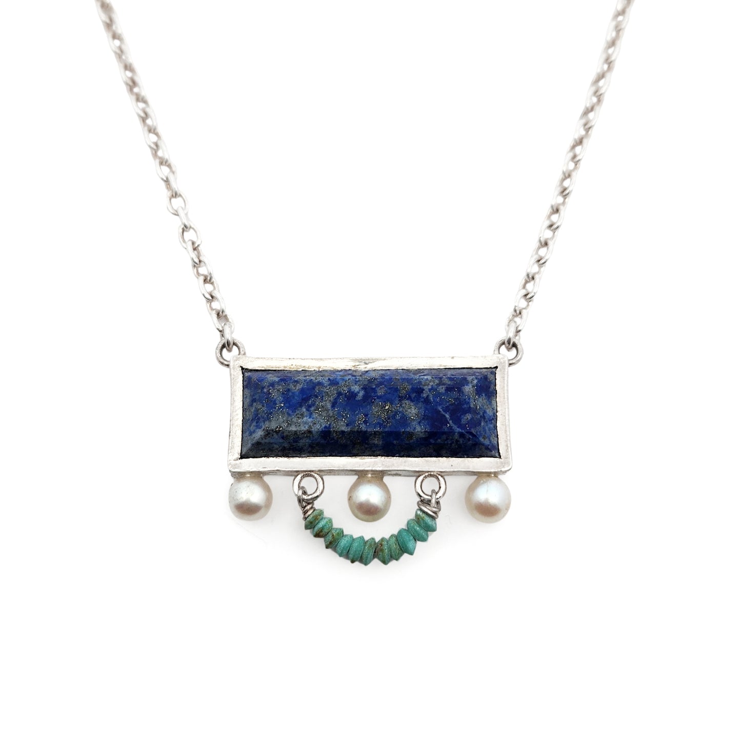 Long Rectangle Lapis Lazuli, 3 Pearl & Turquoise Necklace