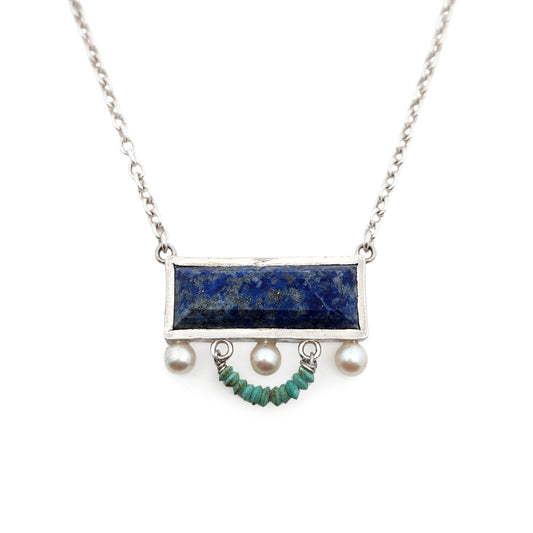 Long Rectangle Lapis Lazuli, 3 Pearl & Turquoise Necklace