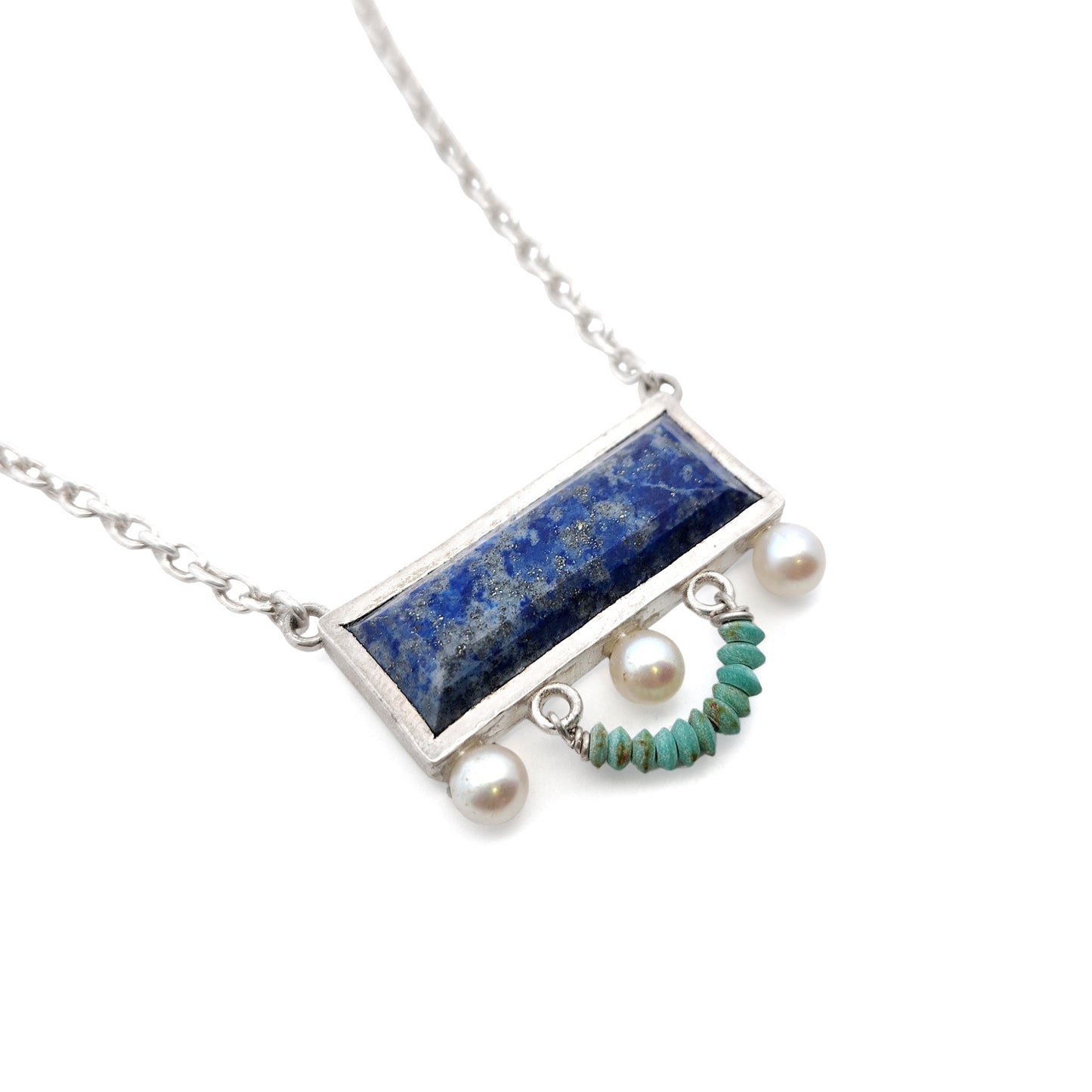 Long Rectangle Lapis Lazuli, 3 Pearl & Turquoise Necklace