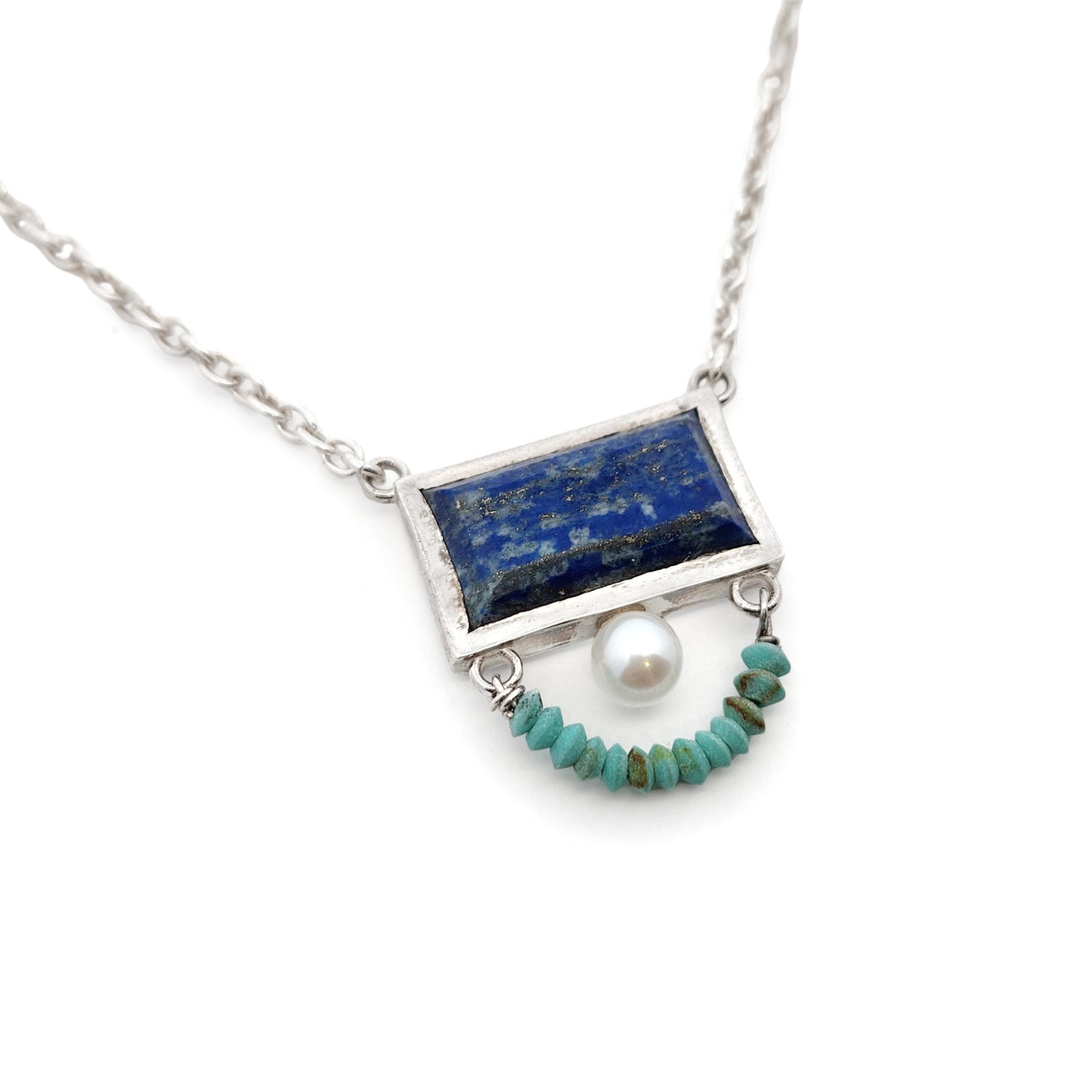 Rectangle Lapis Lazuli, Pearl & Turquoise Necklace