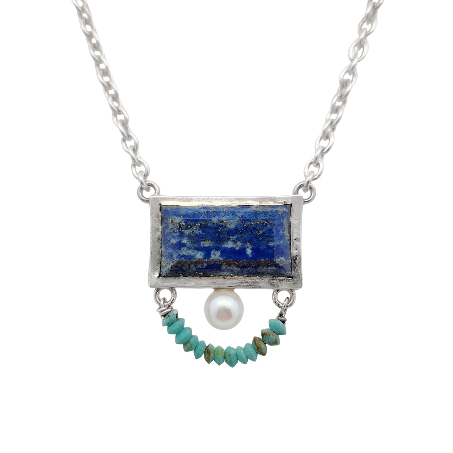 Rectangle Lapis Lazuli, Pearl & Turquoise Necklace