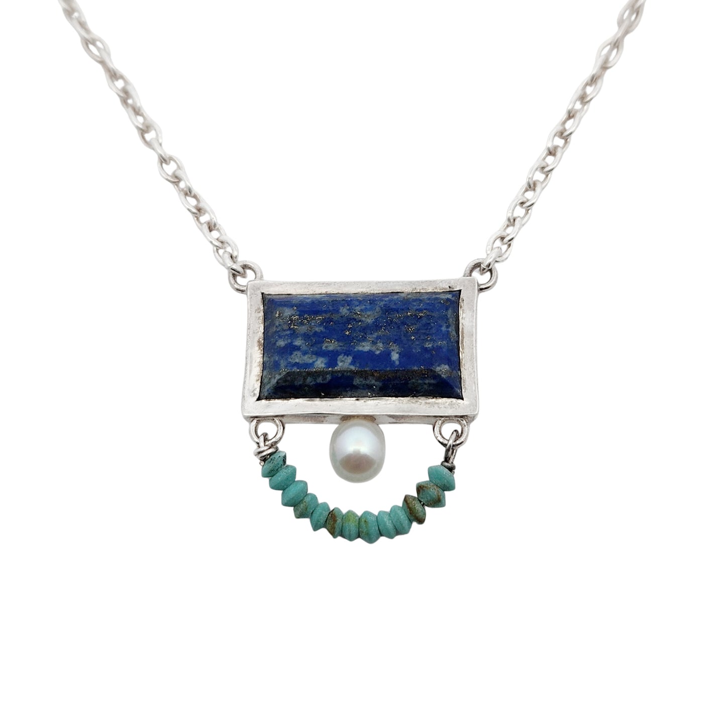 Rectangle Lapis Lazuli, Pearl & Turquoise Necklace