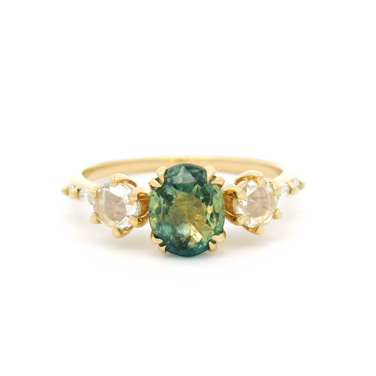 14k Yellow Engagement Ring with 1.24ct Oval-Cut Greenish Sapphire and Accent Diamonds