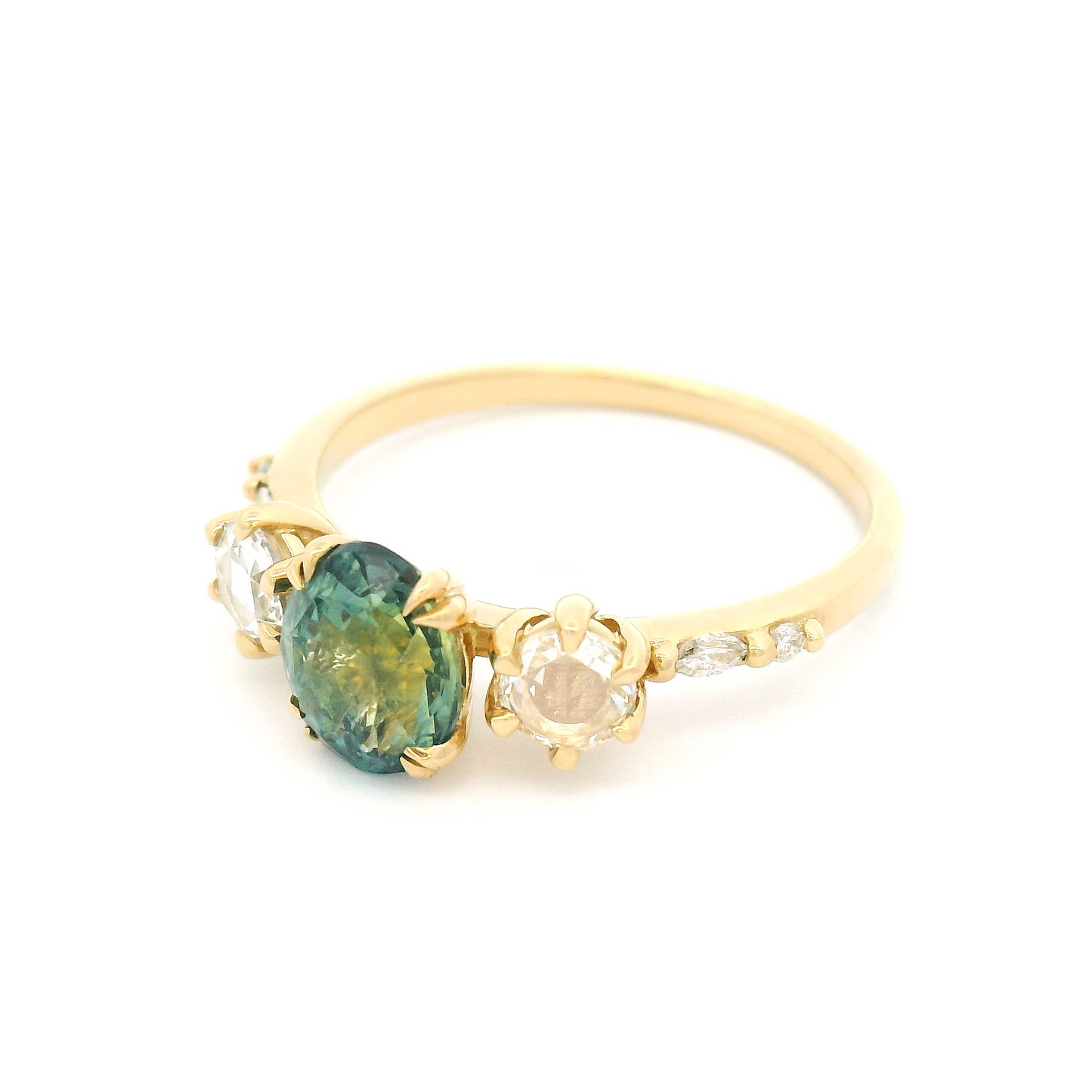 14k Yellow Engagement Ring with 1.24ct Oval-Cut Greenish Sapphire and Accent Diamonds