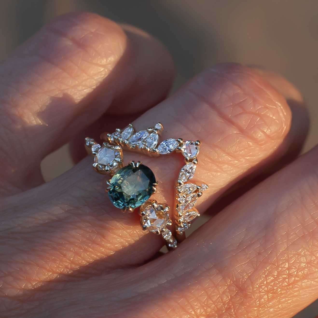 14k Yellow Engagement Ring with 1.24ct Oval-Cut Greenish Sapphire and Accent Diamonds