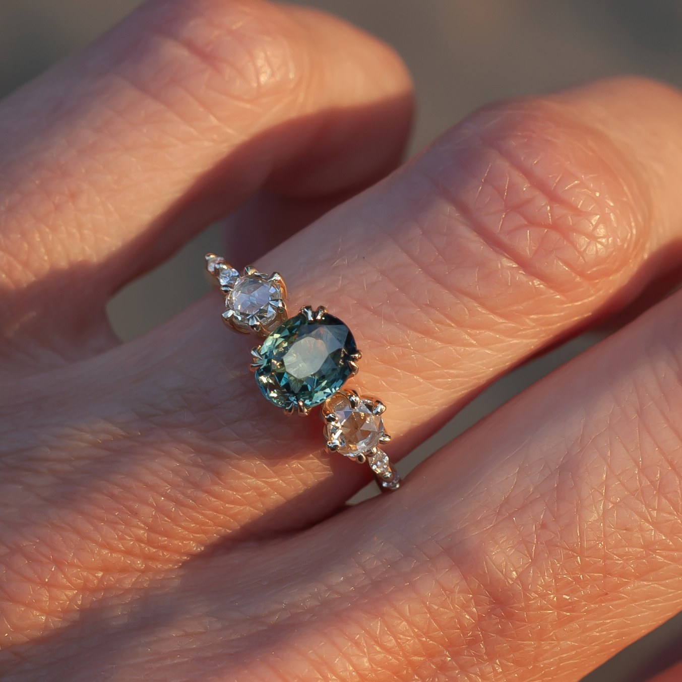 14k Yellow Engagement Ring with 1.24ct Oval-Cut Greenish Sapphire and Accent Diamonds