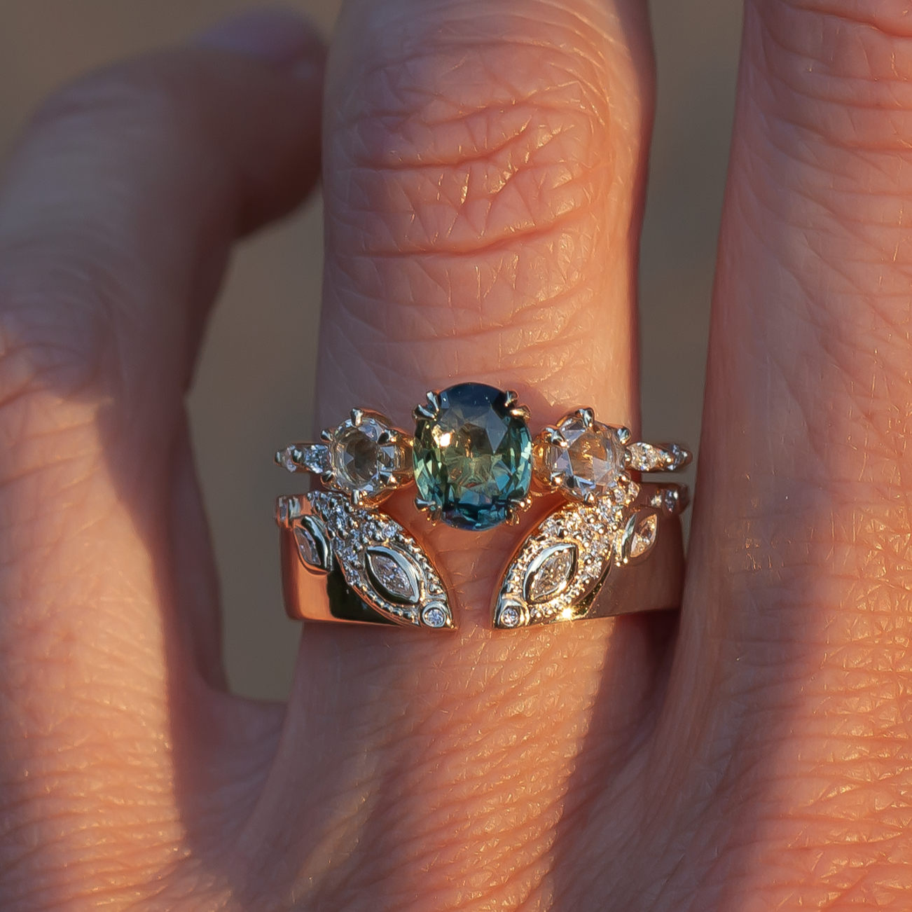 14k Yellow Engagement Ring with 1.24ct Oval-Cut Greenish Sapphire and Accent Diamonds