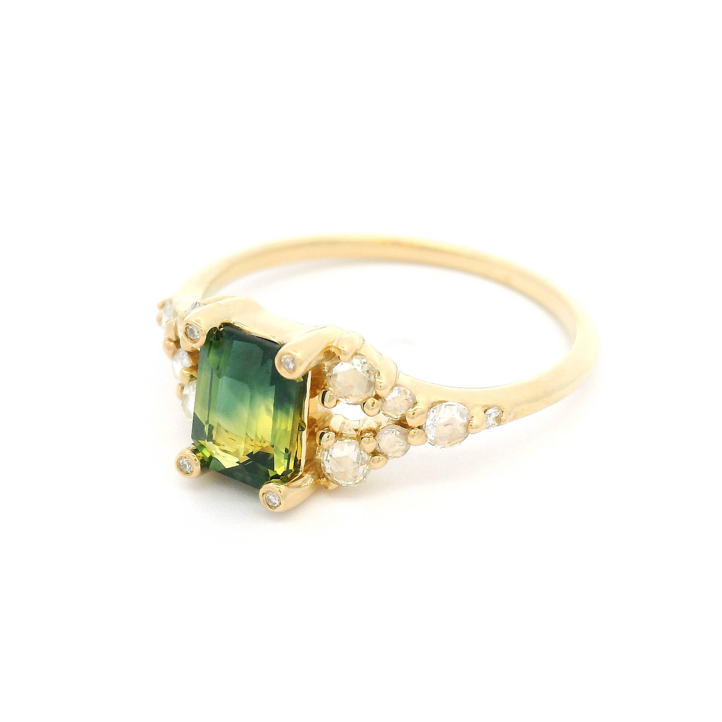 14k Yellow Engagement Ring with 1.03ct Emerald-Cut Greenish Sapphire and Accent Diamonds