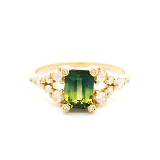 14k Yellow Engagement Ring with 1.03ct Emerald-Cut Greenish Sapphire and Accent Diamonds