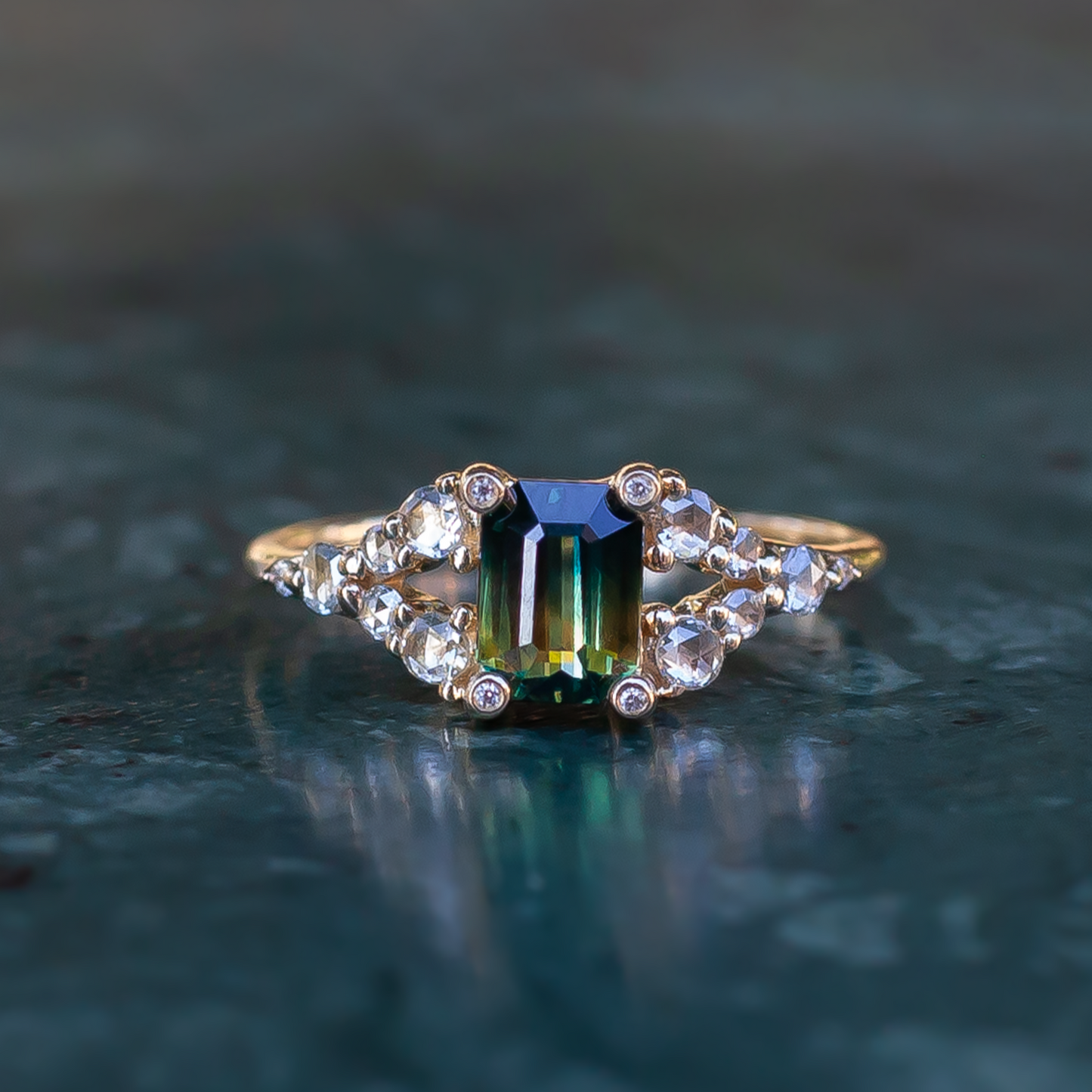 14k Yellow Engagement Ring with 1.03ct Emerald-Cut Greenish Sapphire and Accent Diamonds