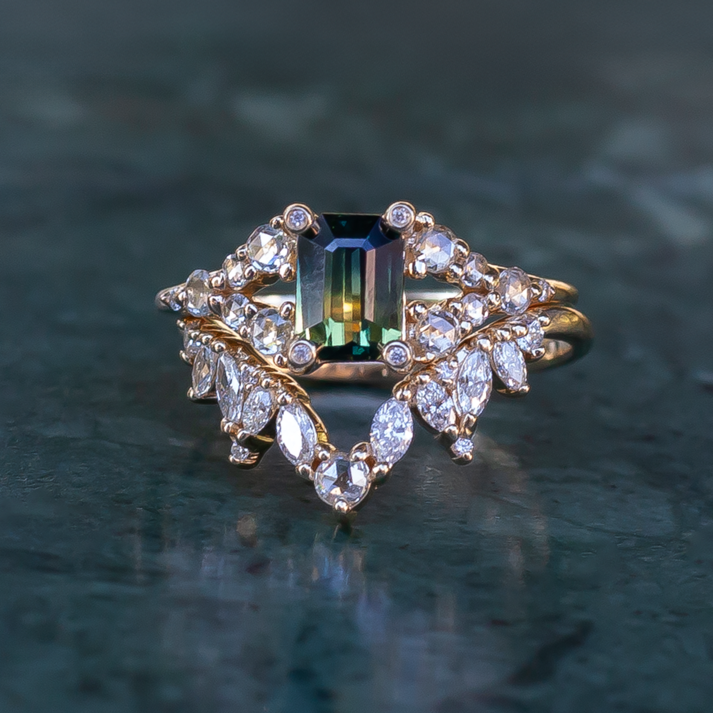 14k Yellow Engagement Ring with 1.03ct Emerald-Cut Greenish Sapphire and Accent Diamonds