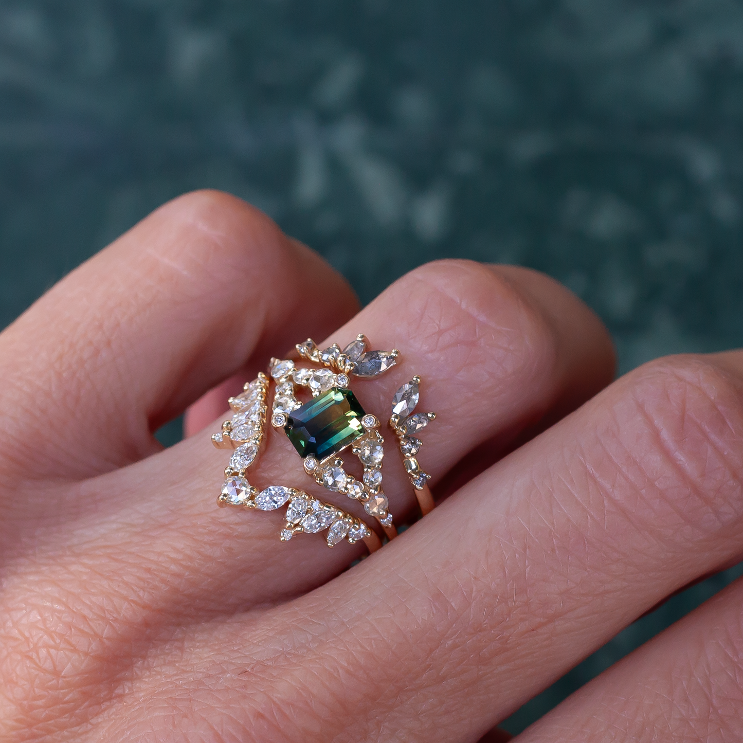 14k Yellow Engagement Ring with 1.03ct Emerald-Cut Greenish Sapphire and Accent Diamonds