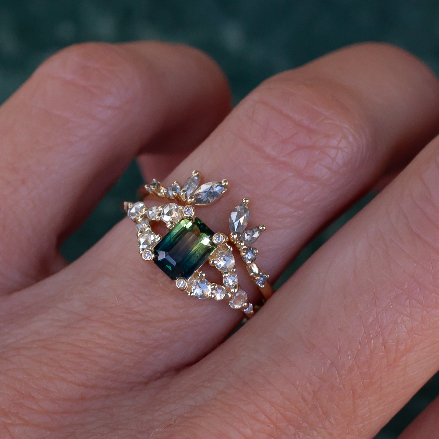 14k Yellow Engagement Ring with 1.03ct Emerald-Cut Greenish Sapphire and Accent Diamonds