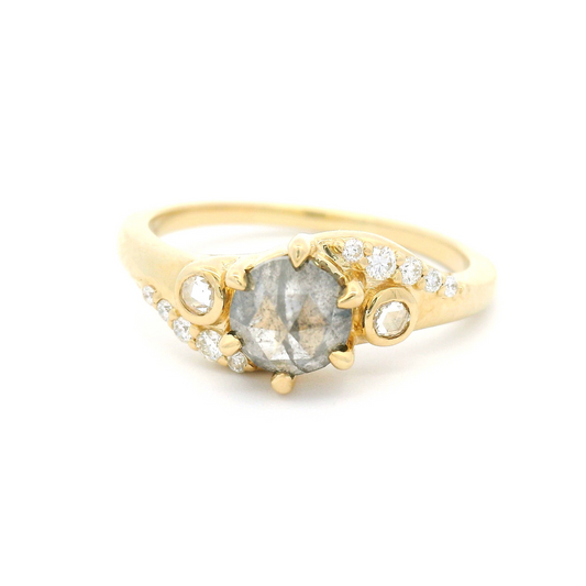 14k Yellow Engagement Ring with 0.98ct Rose-Cut Salt & Pepper Diamond and Accent Diamonds