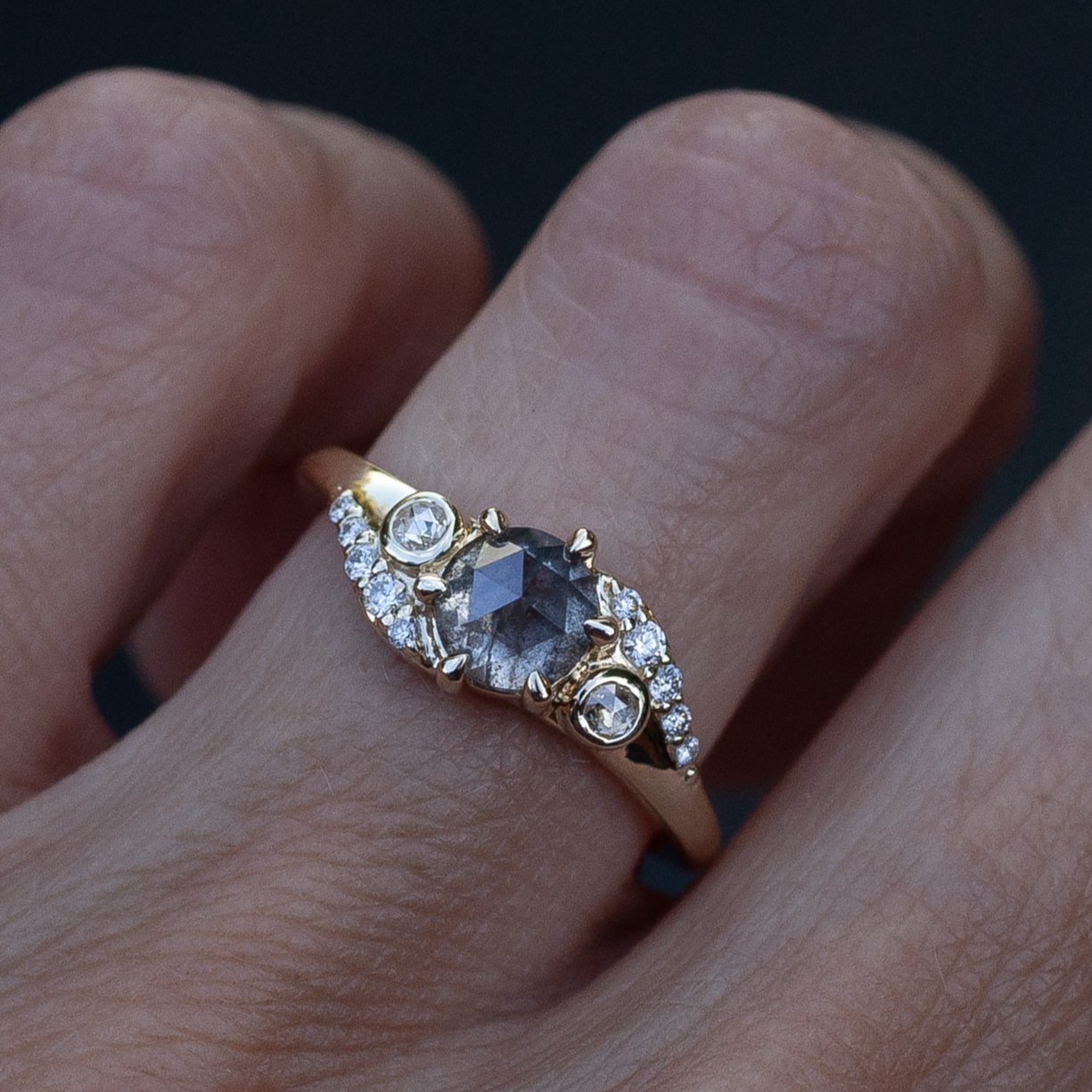 14k Yellow Engagement Ring with 0.98ct Rose-Cut Salt & Pepper Diamond and Accent Diamonds