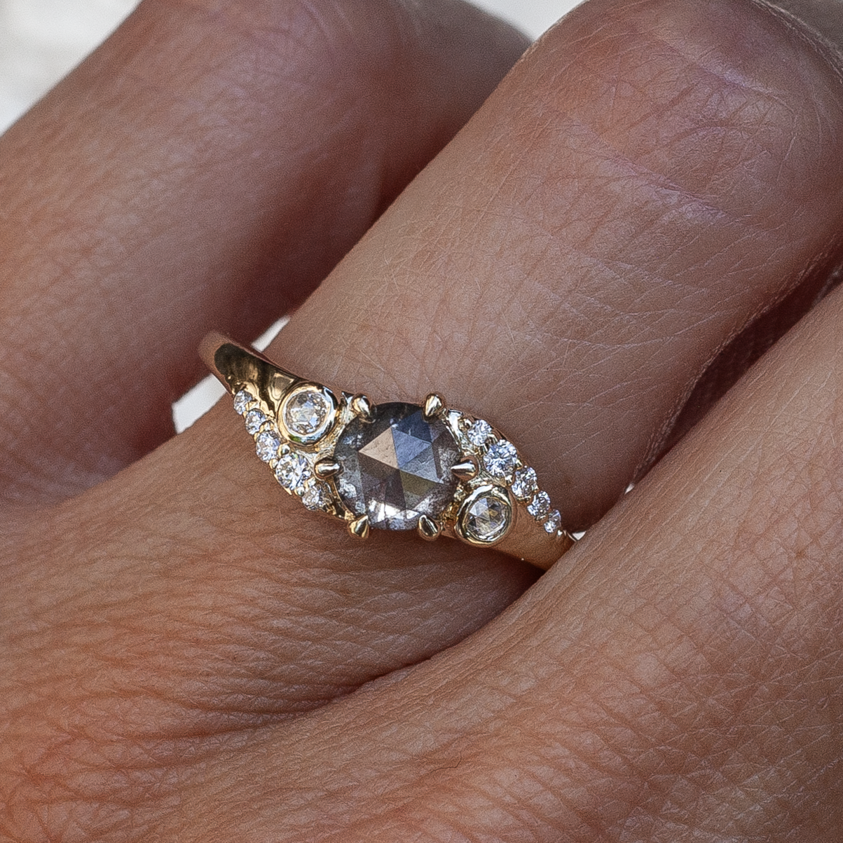 14k Yellow Engagement Ring with 0.98ct Rose-Cut Salt & Pepper Diamond and Accent Diamonds