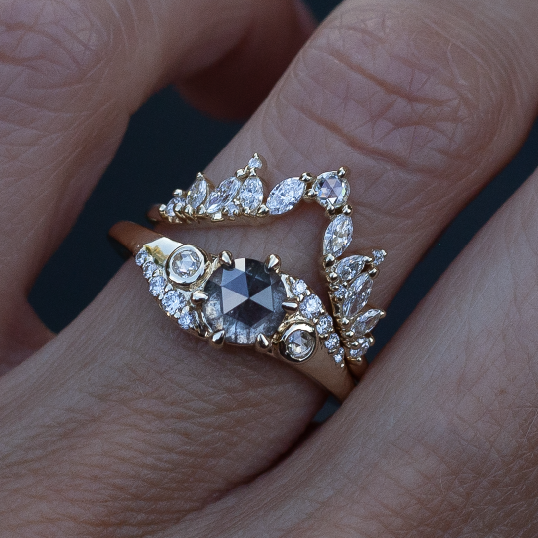 14k Yellow Engagement Ring with 0.98ct Rose-Cut Salt & Pepper Diamond and Accent Diamonds.  Shown with a contour diamond band.