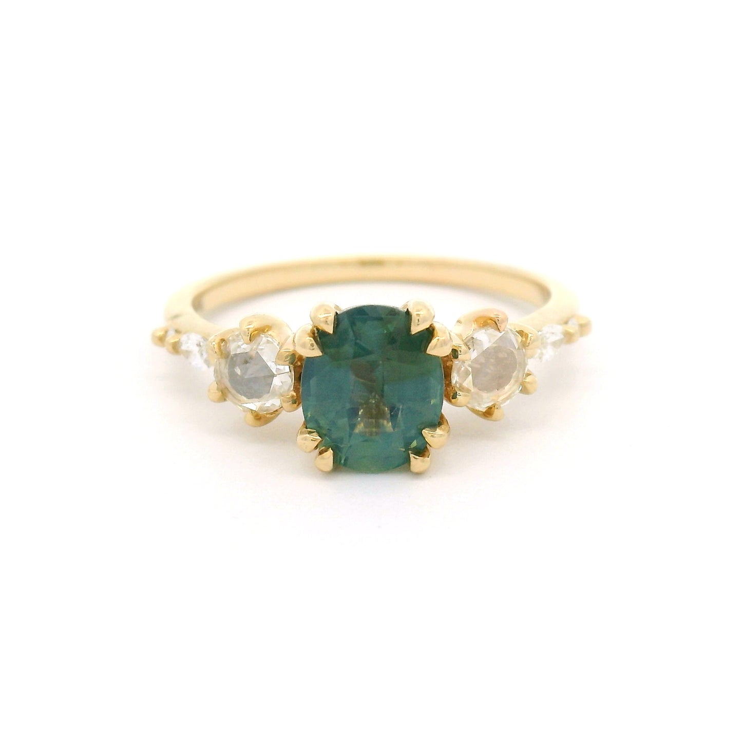 Handmade 14K yellow gold engagement ring with 1.24ct oval bluish-green sapphire and natural rose-cut, marquise-cut, and round brilliant diamonds on a 1.6mm band.