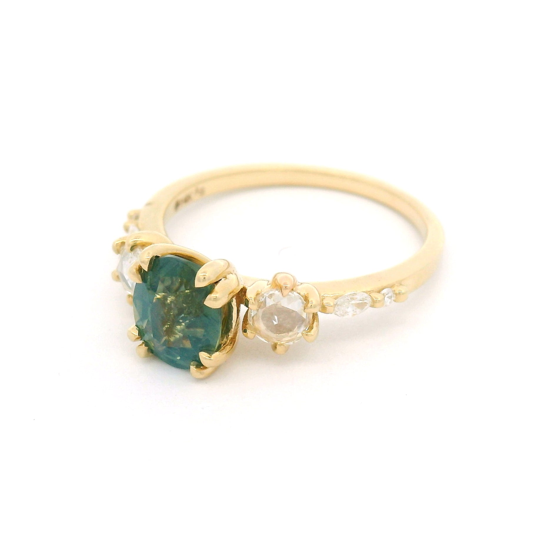 Handmade 14K yellow gold engagement ring with 1.24ct oval bluish-green sapphire and natural rose-cut, marquise-cut, and round brilliant diamonds on a 1.6mm band.