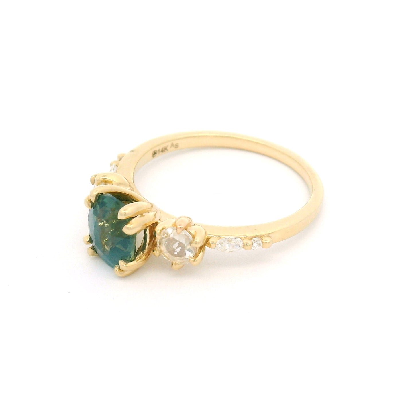 Handmade 14K yellow gold engagement ring with 1.24ct oval bluish-green sapphire and natural rose-cut, marquise-cut, and round brilliant diamonds on a 1.6mm band.