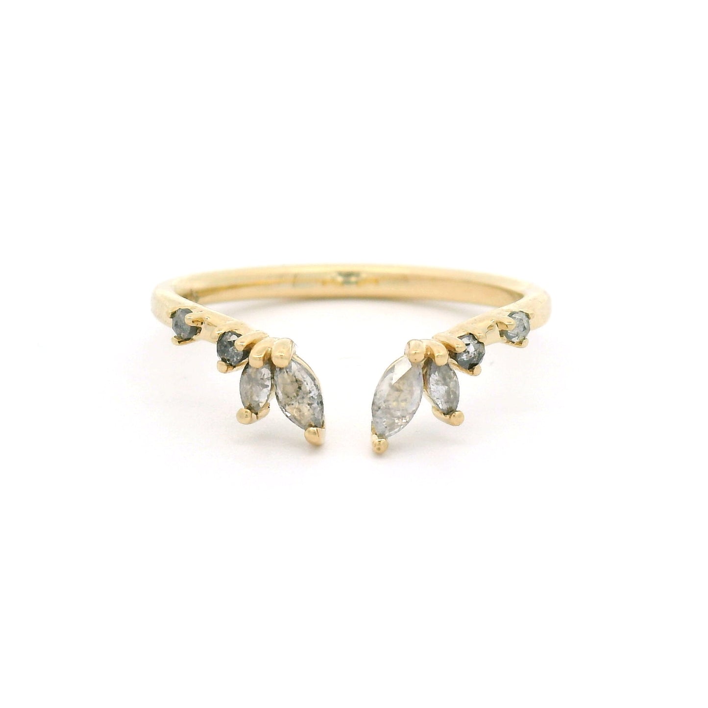 14K yellow gold contoured open band set with marquise and round salt and pepper diamonds.
