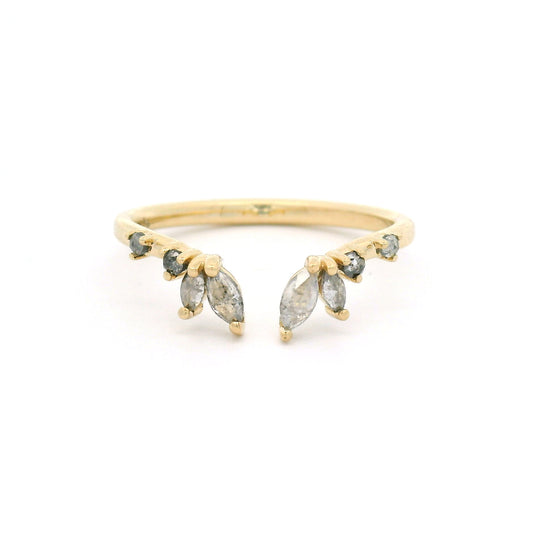 14K yellow gold contoured open band set with marquise and round salt and pepper diamonds.