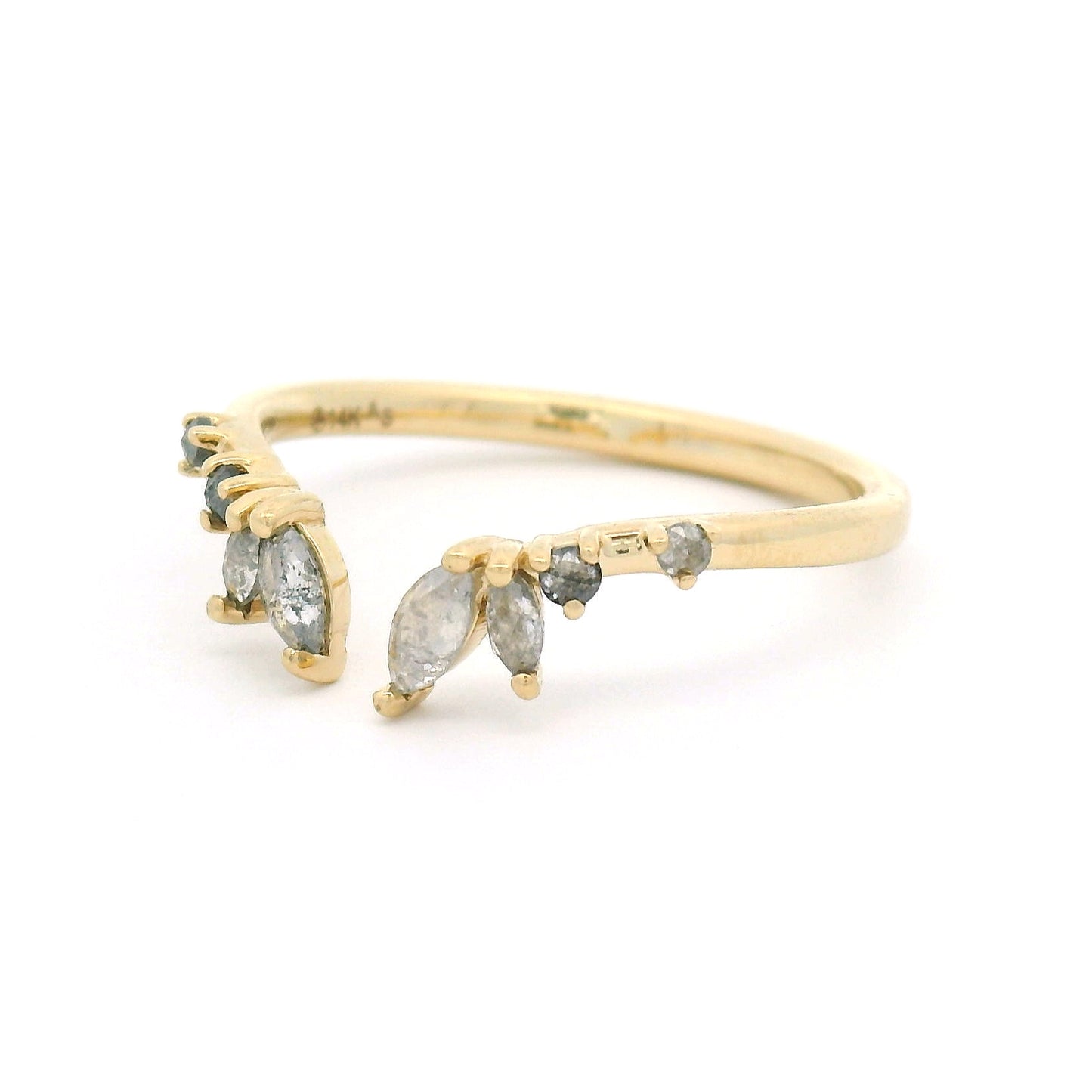 14K yellow gold contoured open band set with marquise and round salt and pepper diamonds.