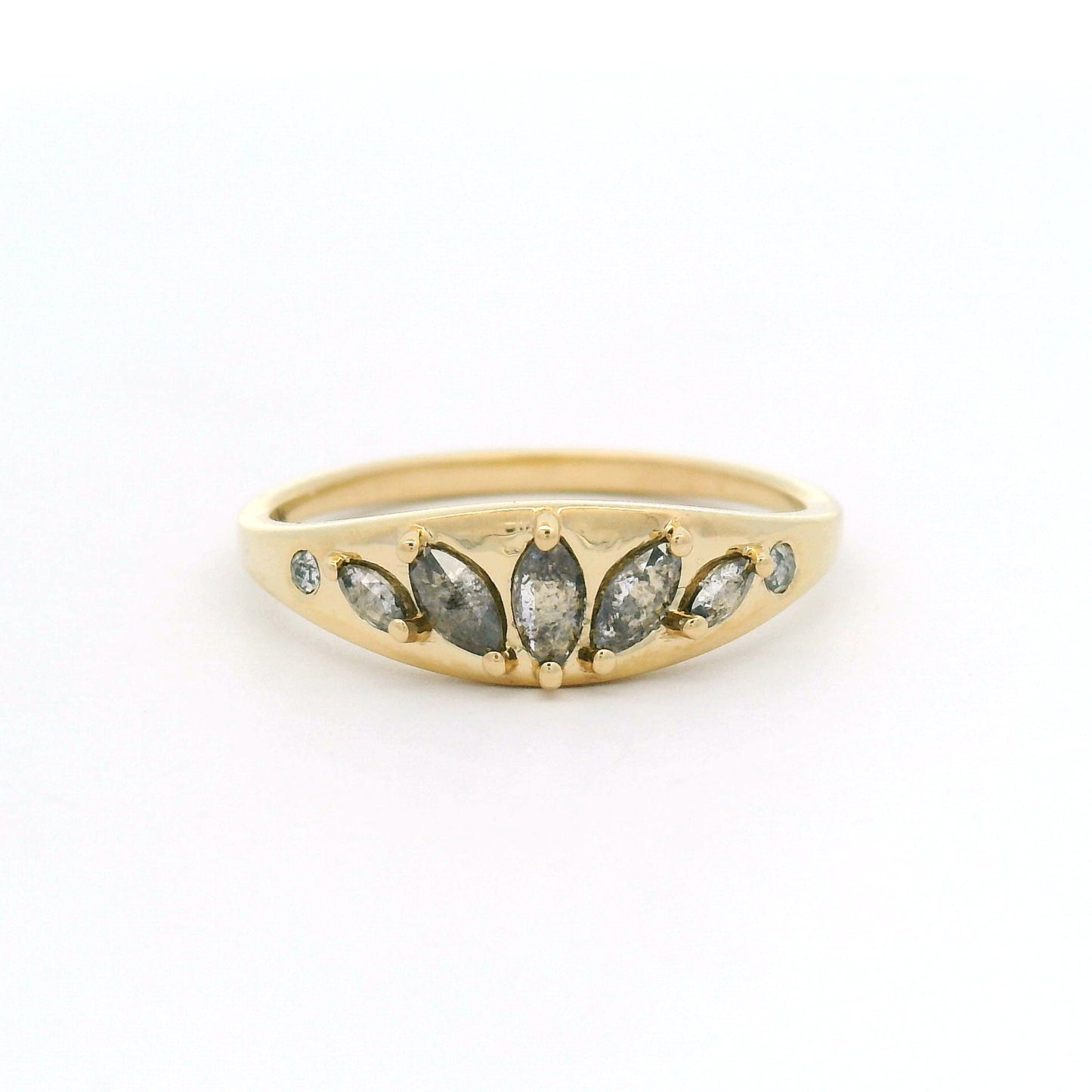 14K yellow gold ring with five salt & pepper marquise diamonds in a fan pattern and two round diamond accents on a tapered band.