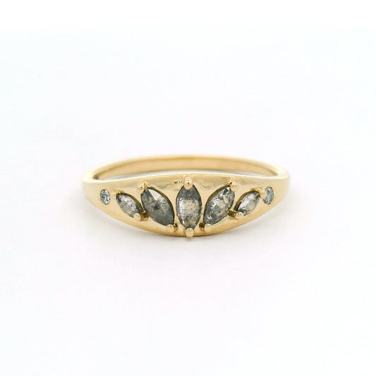 14K yellow gold ring with five salt & pepper marquise diamonds in a fan pattern and two round diamond accents on a tapered band.