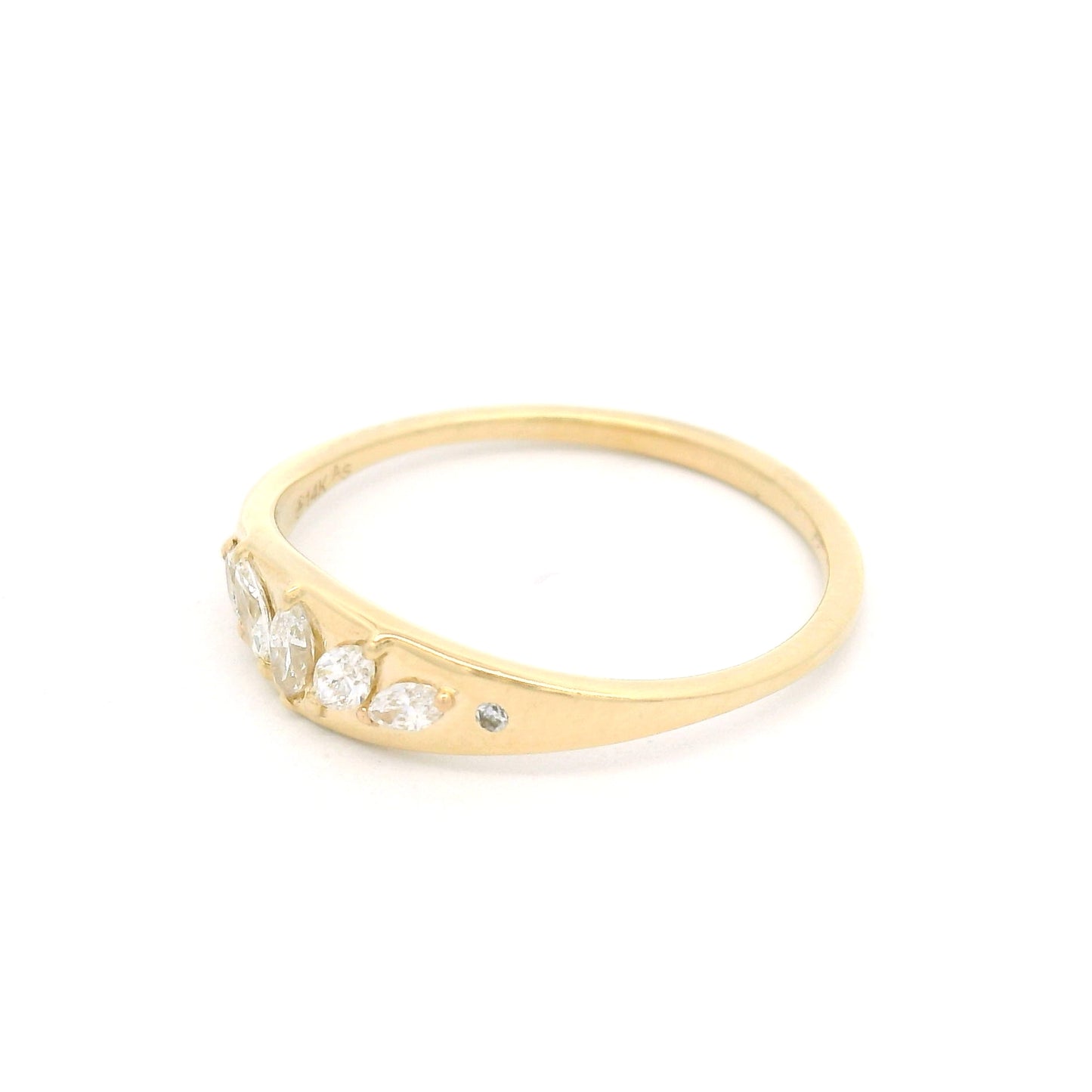 14K yellow gold ring with five flush-set marquise diamonds and two round brilliant-cut diamonds on a smooth tapered 1.4mm band.