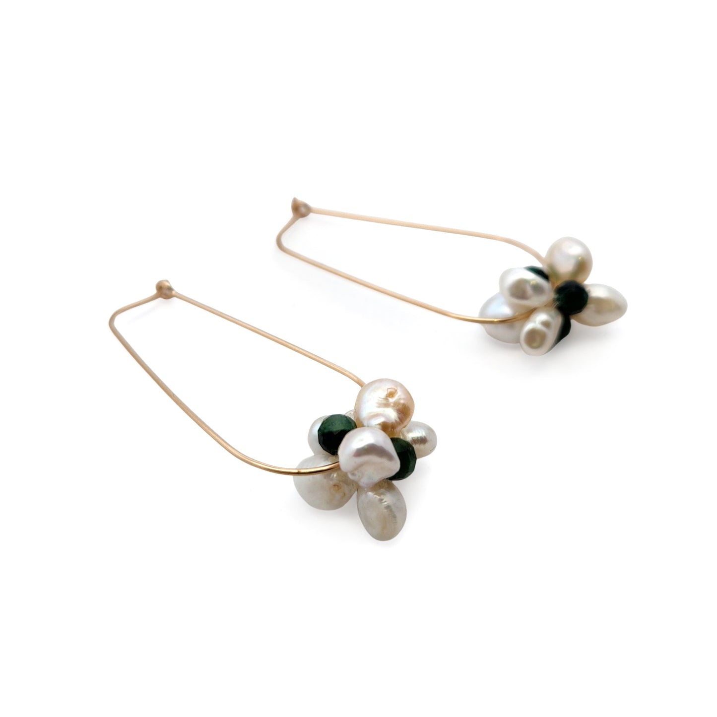 White & Green Pearl Flower Cluster Hoop Earrings