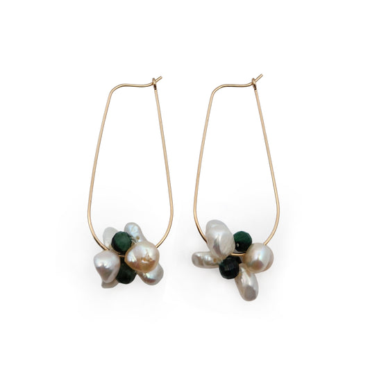White & Green Pearl Flower Cluster Hoop Earrings