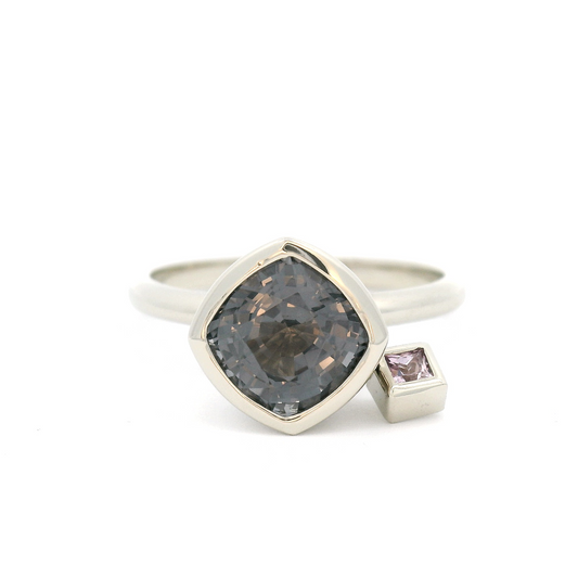 14k White Solitaire Engagement Ring with 1.81ct Grey Spinel and Accent Charm