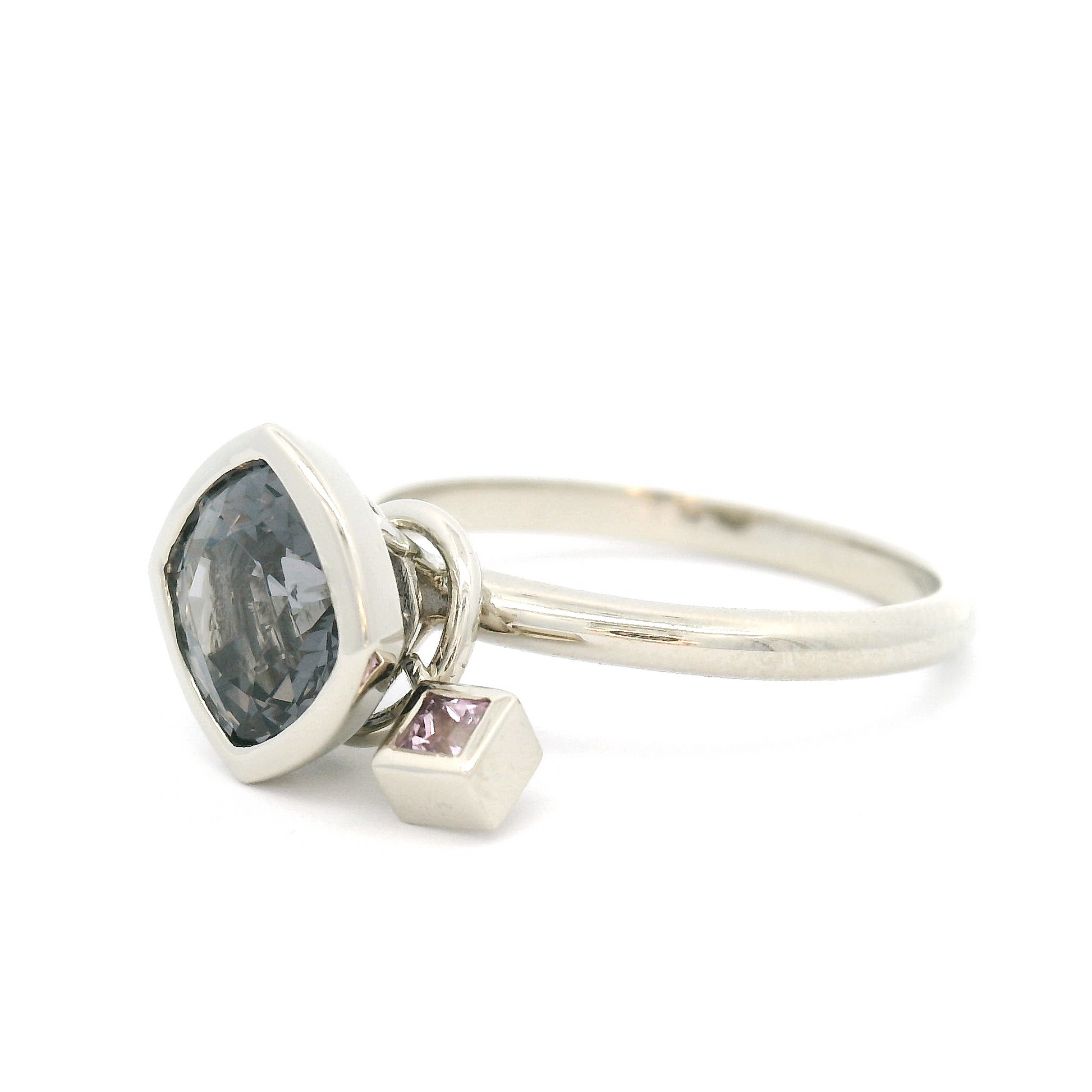 14k White Solitaire Engagement Ring with 1.81ct Grey Spinel and Accent Charm
