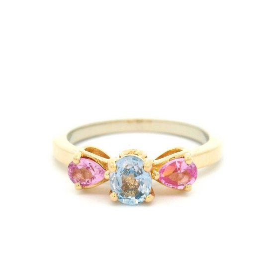 14k Yellow and White Three Stone Engagement Ring with 0.45ct Blue Oval Sapphire and Pink Sapphire Side Stones