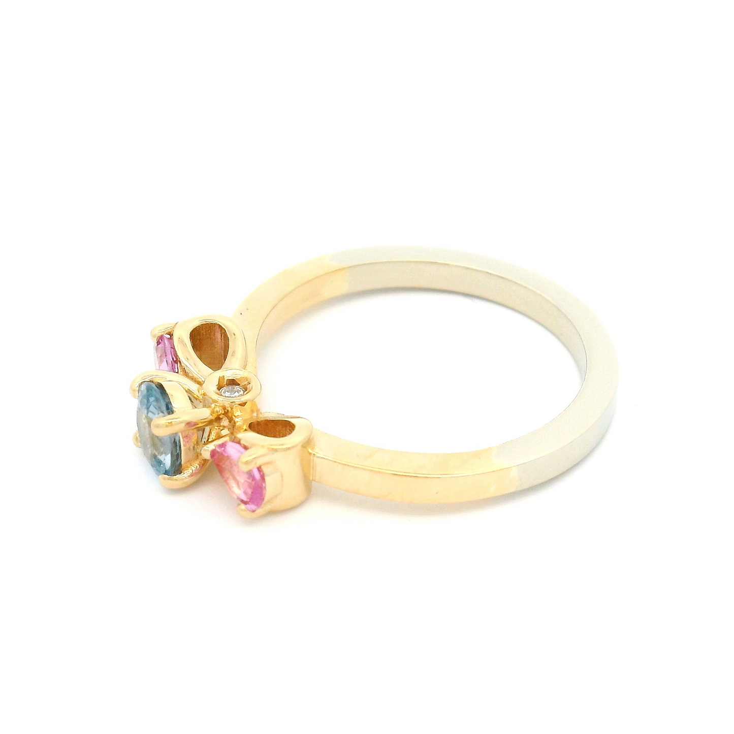 14k Yellow and White Three Stone Engagement Ring with 0.45ct Blue Oval Sapphire and Pink Sapphire Side Stones