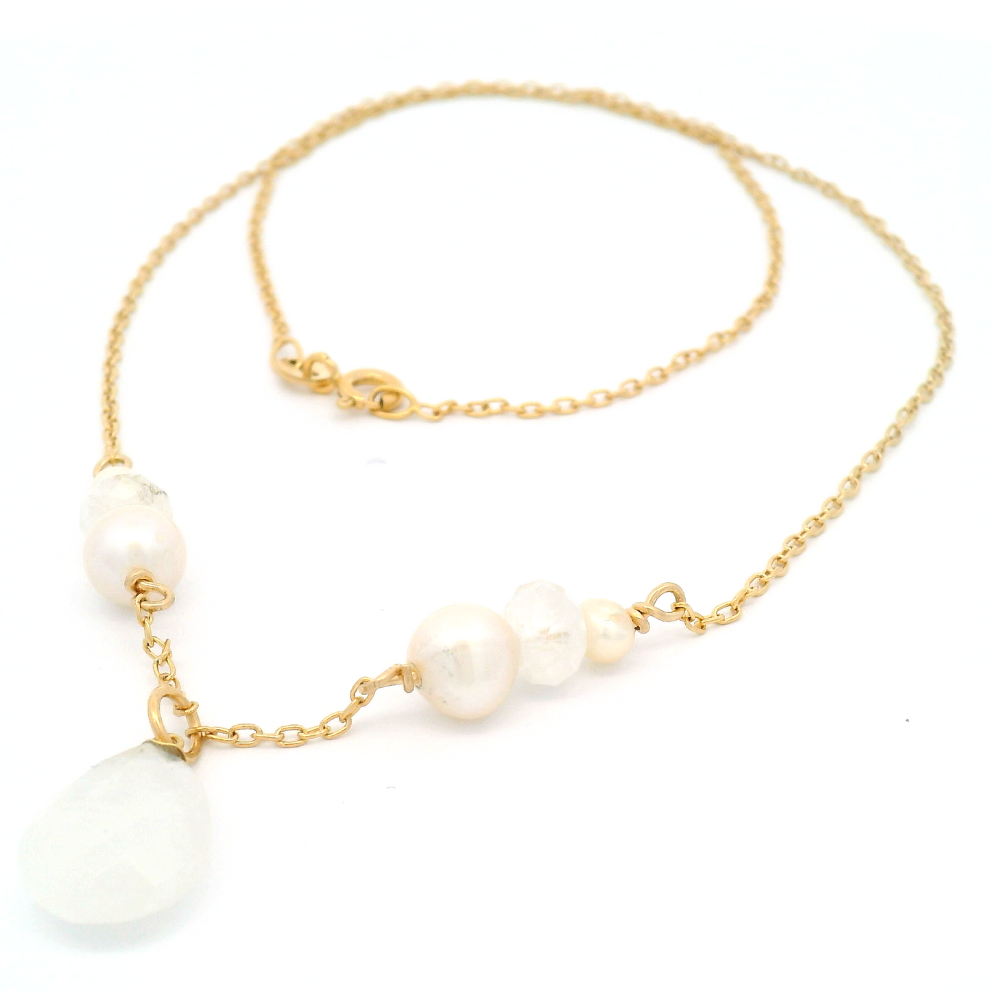 Gold Teardrop Moonstone & Pearl Pendant Necklace