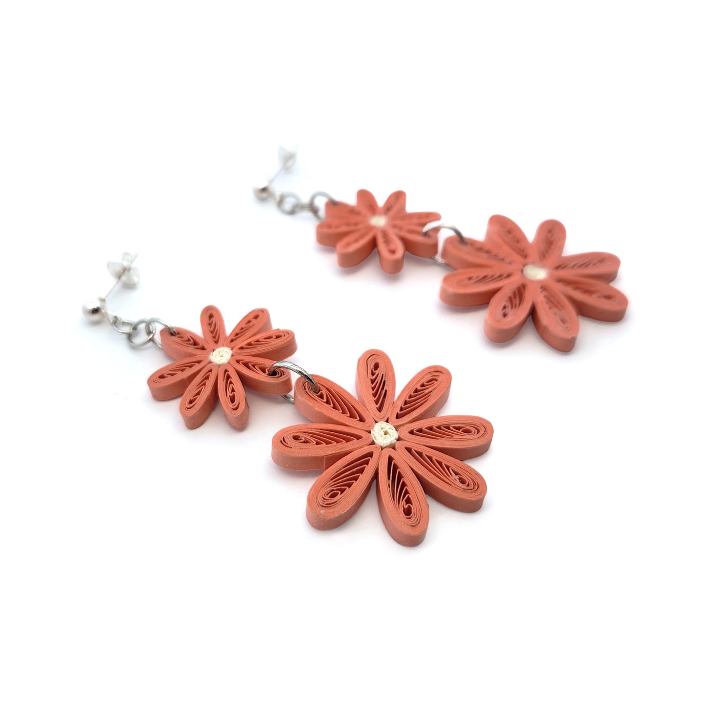 Coral Double Daisy Drop Paper Earrings