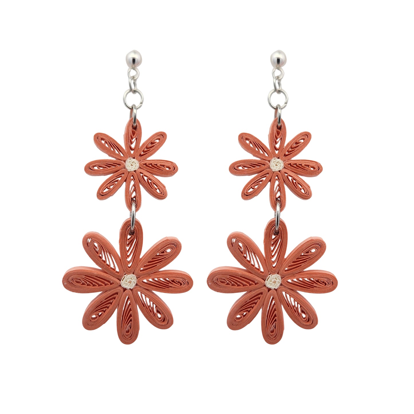 Coral Double Daisy Drop Paper Earrings