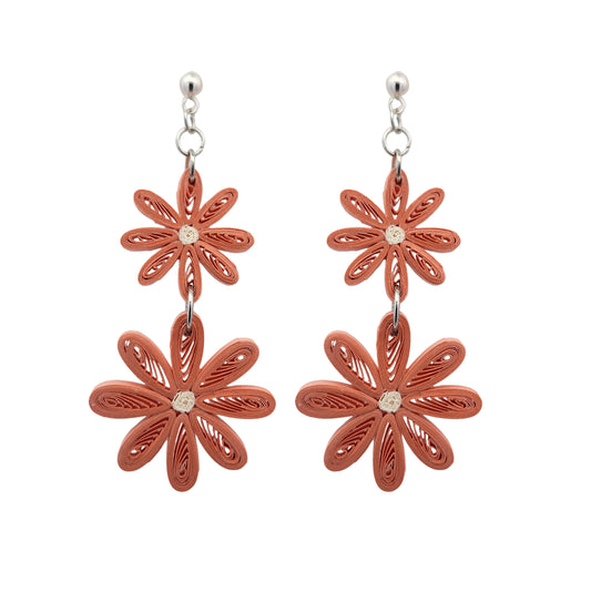 Coral Double Daisy Drop Paper Earrings