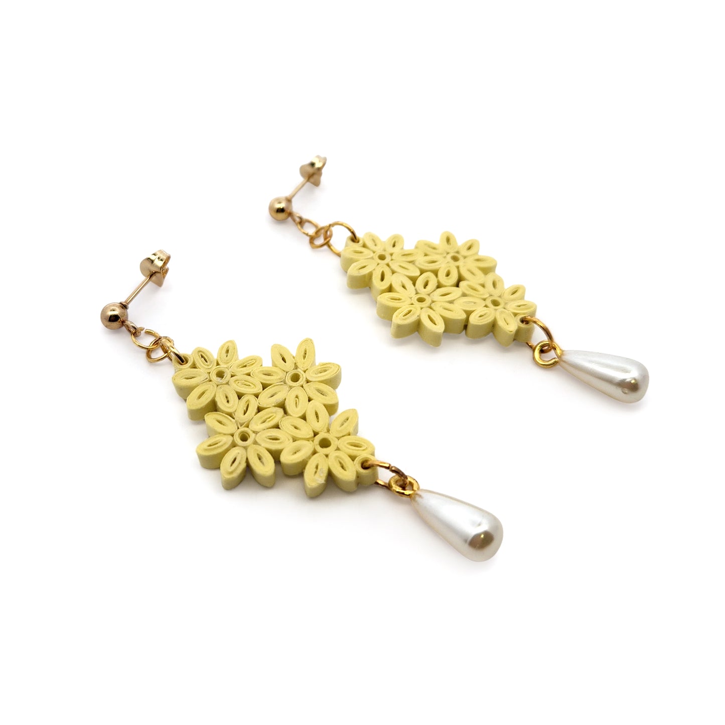 Yellow Daisy Cluster & Pearl Drop Paper Earrings