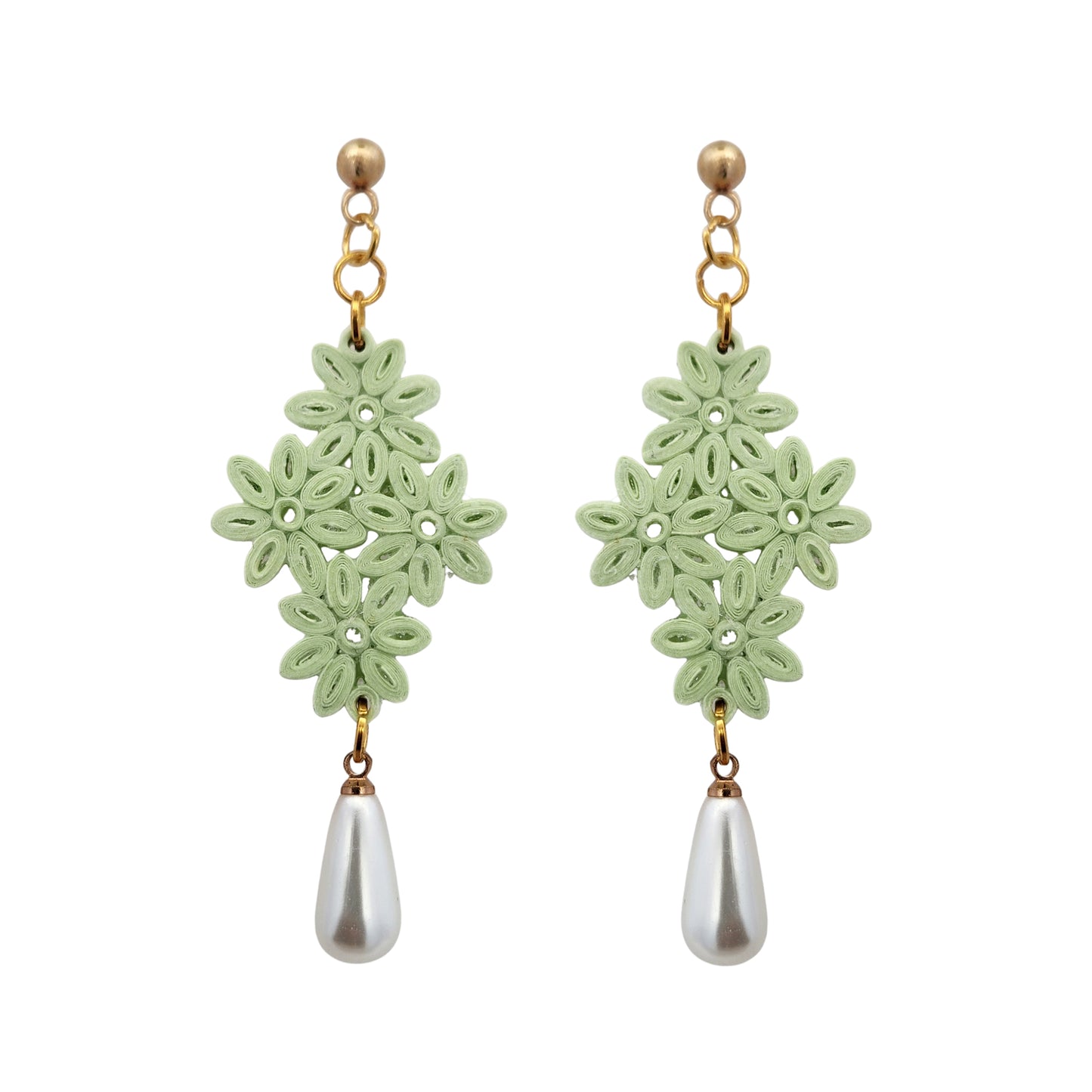 Green Daisy Cluster & Pearl Drop Paper Earrings