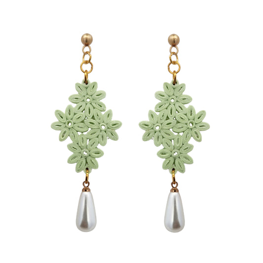 Green Daisy Cluster & Pearl Drop Paper Earrings