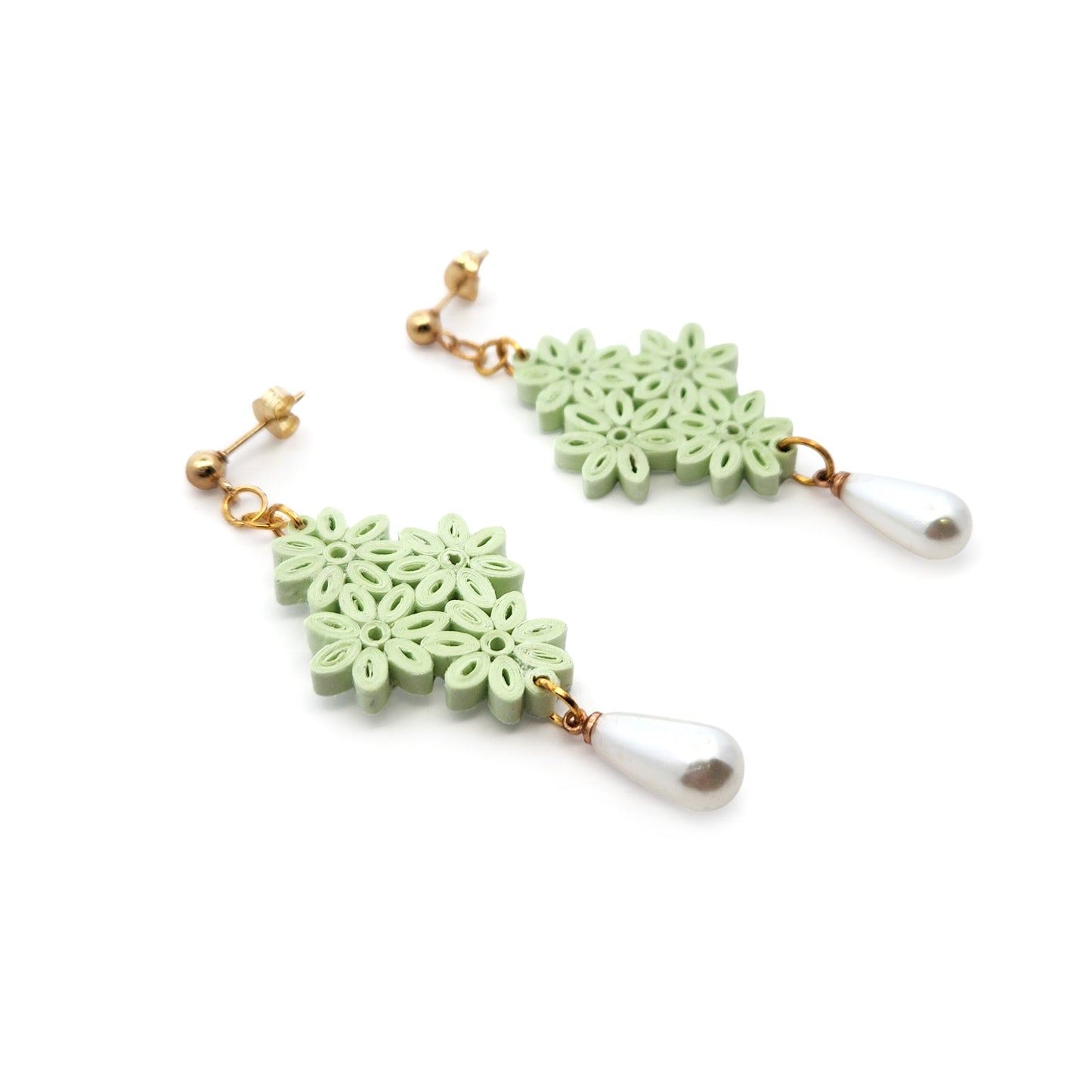 Green Daisy Cluster & Pearl Drop Paper Earrings